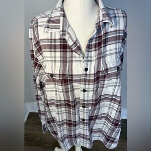 Aeropostale Flannel Button Down Women's XL Maroon Gray White 100% Cotton Cozy